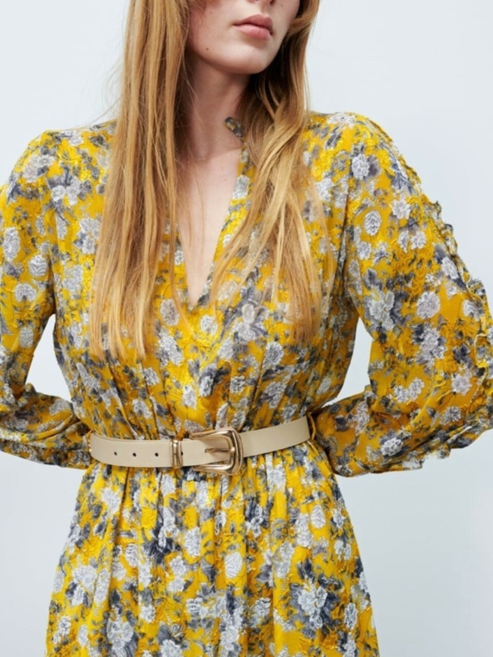Zara Yellow Floral V-Neck Midi Dress